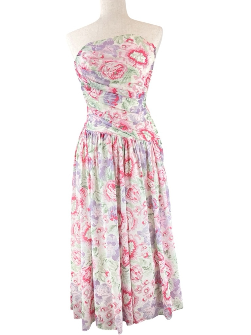 Vintage Laura Ashley Strapless Floral Dress Asymmetrical Waist Gathered Skirt 0